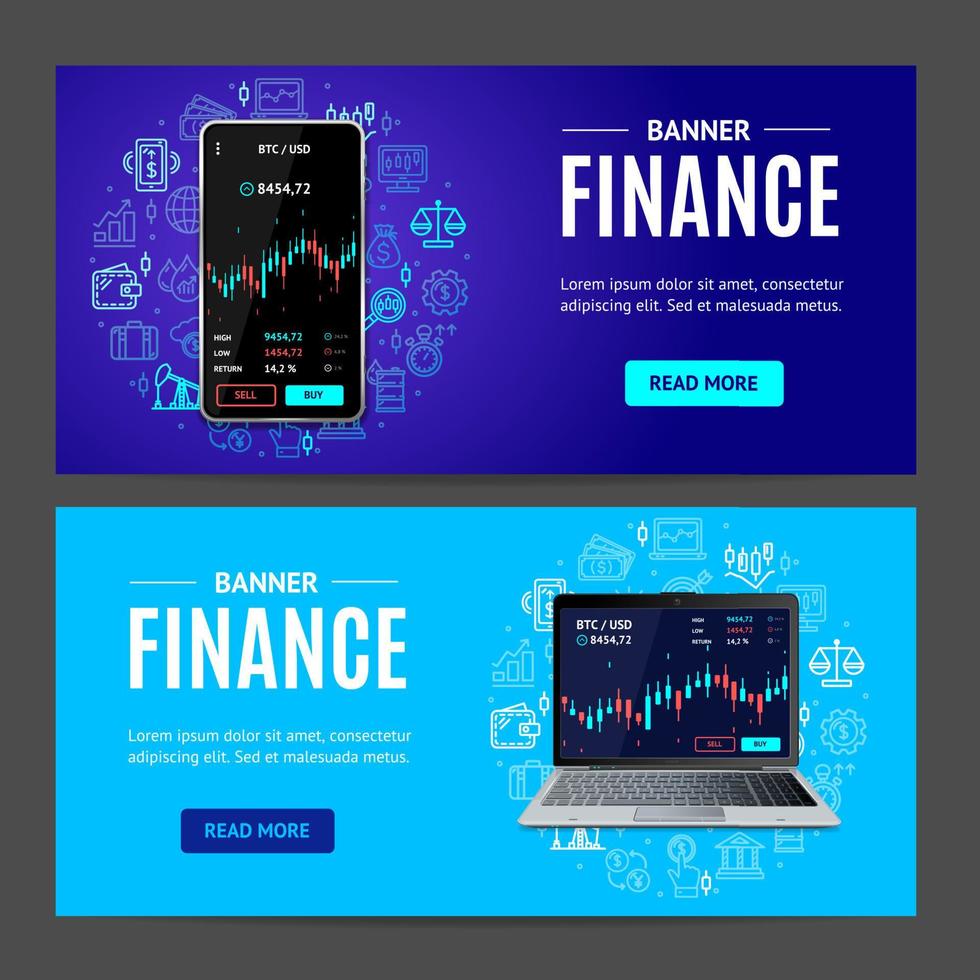 banner de conceito de finanças definido horizontalmente com celular 3d detalhado realista e laptop. vetor