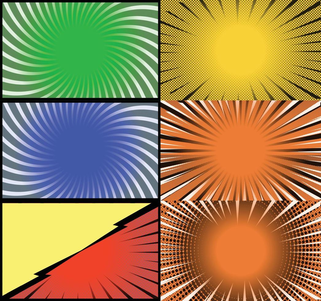 fundo de quadros coloridos de quadrinhos com raios de meio-tom radial e efeitos pontilhados estilo pop art vetor