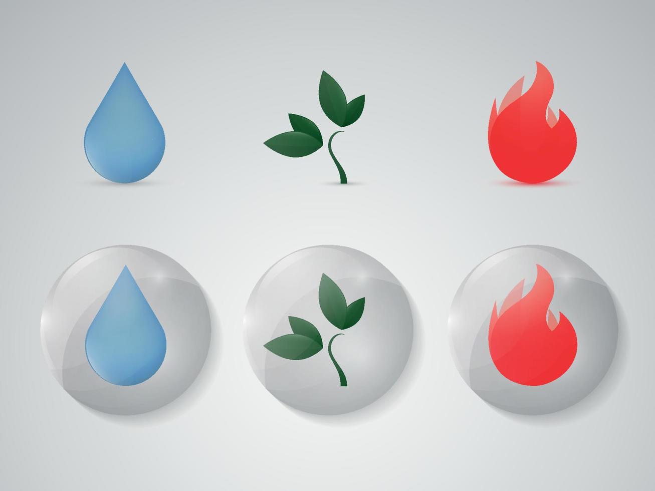 ícones da natureza. água, planta, fogo. ícones de cores com bola transparente vetor