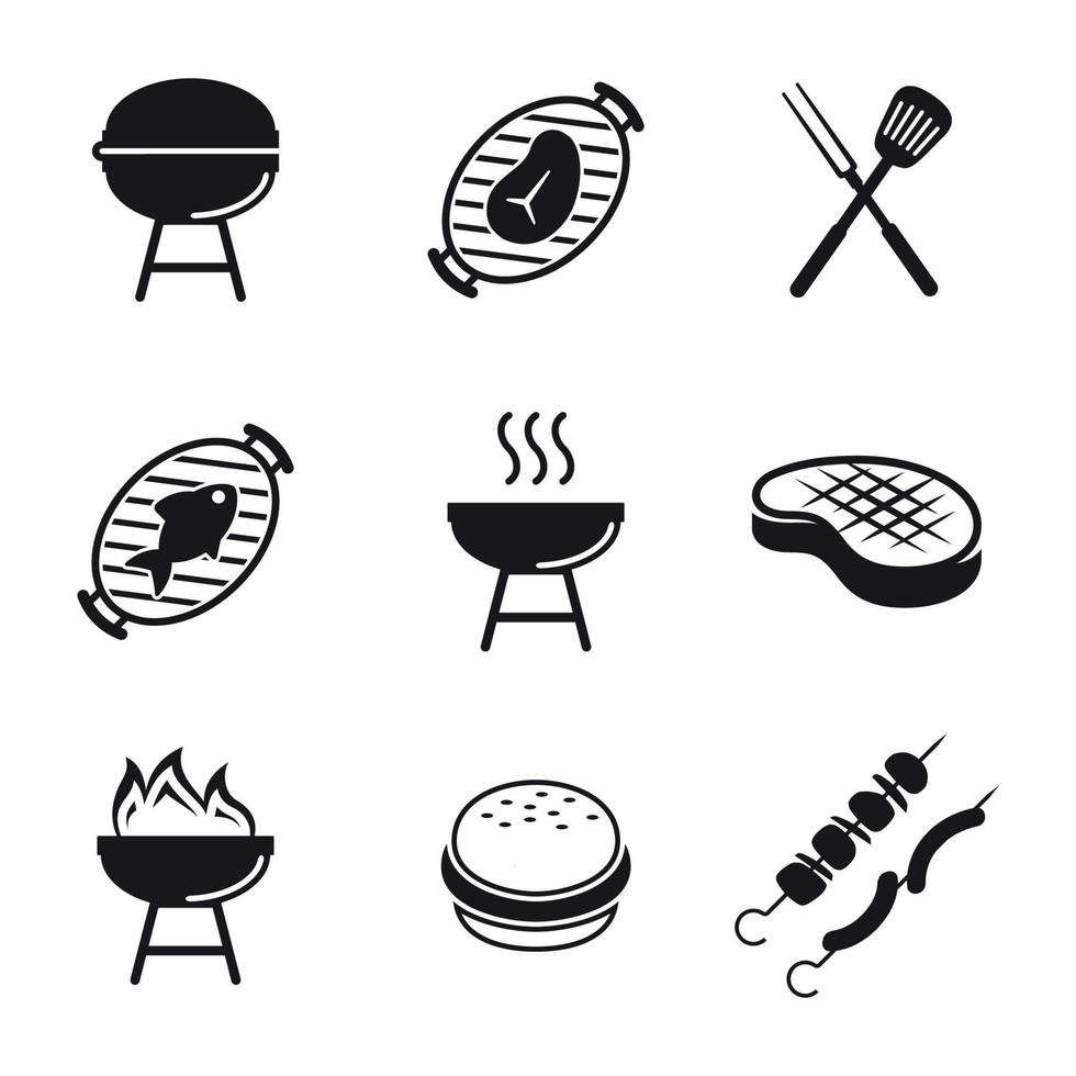 conjunto de churrasco preto, ícones isolados em um fundo branco vetor