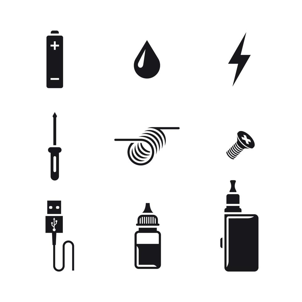 ícones de cigarro eletrônico, preto em um fundo branco. tendência de vapor vetor