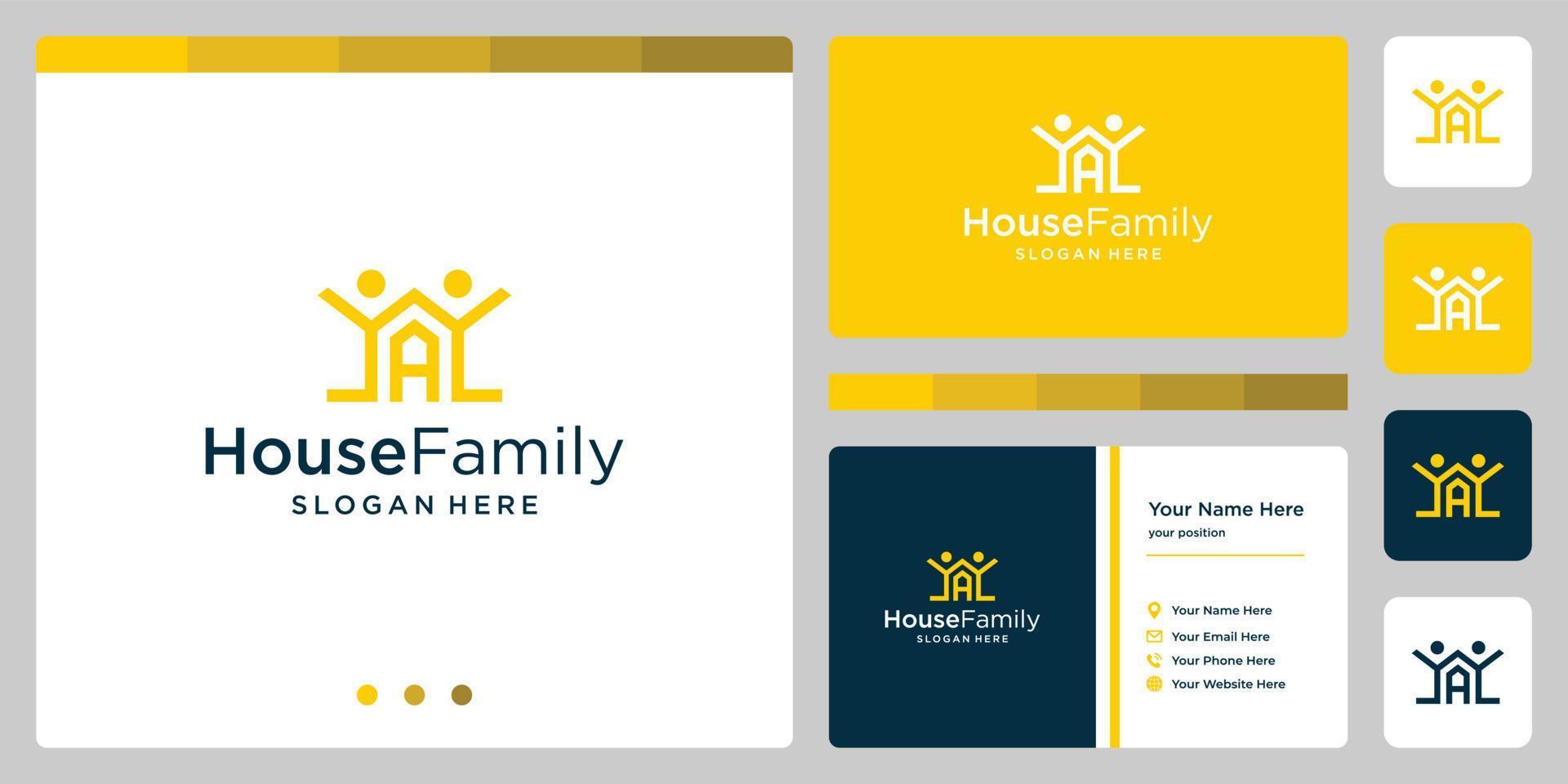 logotipo do projeto de construção de casas com logotipo da família e letra inicial a. design de cartão de visita vetor
