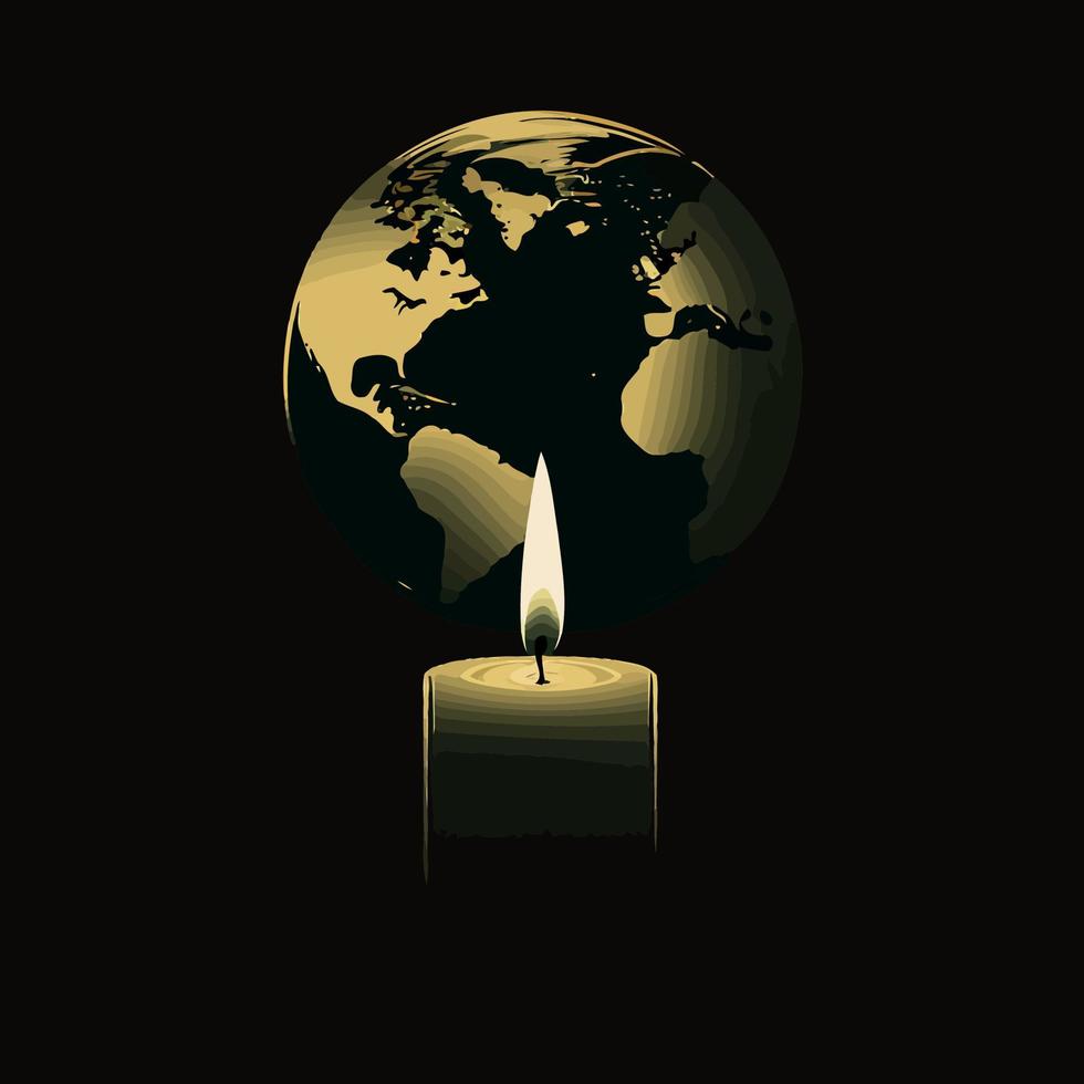 um globo e uma vela acesa para representar a campanha contra as mudanças climáticas chamada hora do planeta vetor