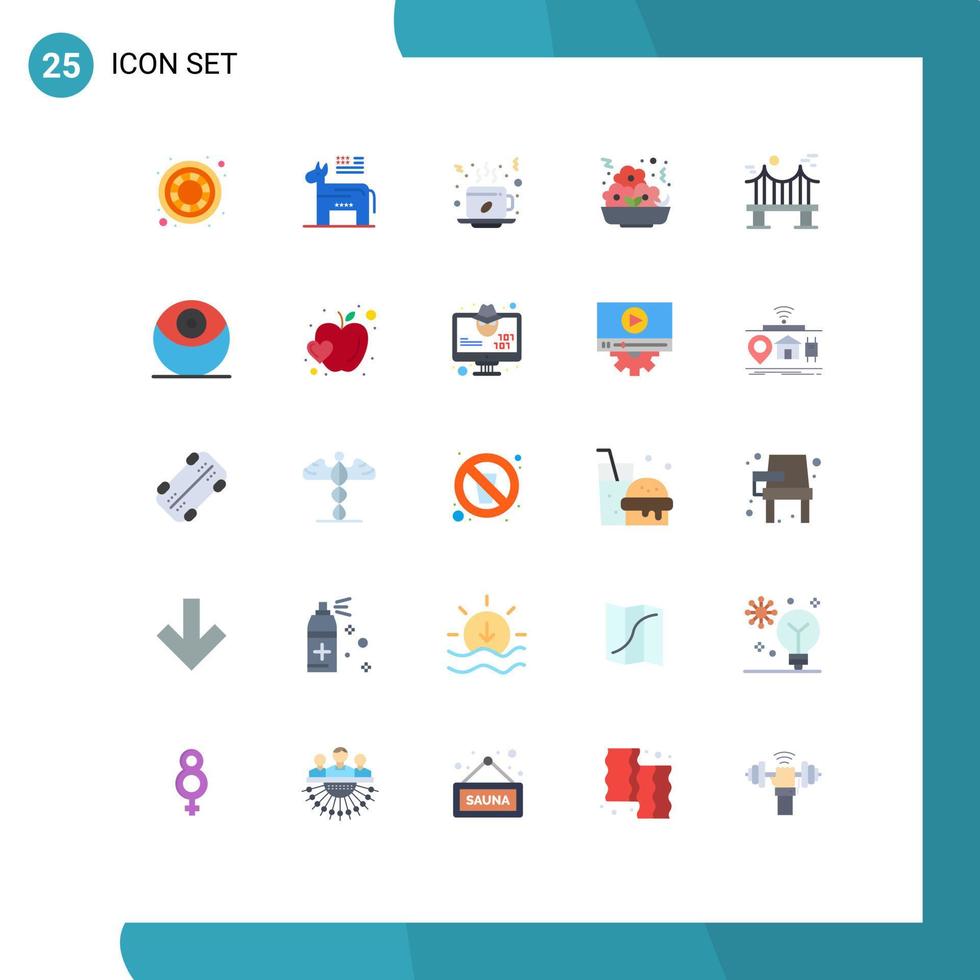 Pacote de cores planas de 25 interfaces de usuário de sinais e símbolos modernos de elementos de design de vetor editável rápido de refeição de café de pepita de ponte
