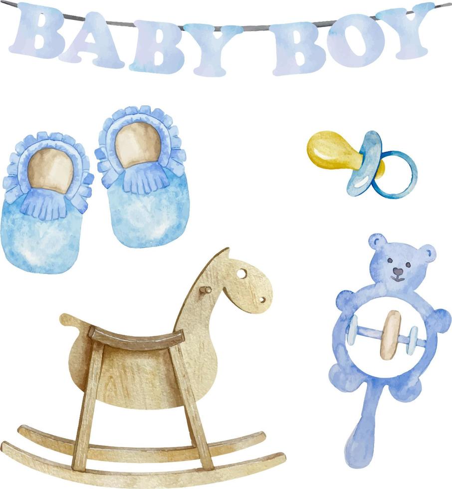 conjunto aquarela de elementos azul bebê menino com brinquedos de madeira. cavalo de balanço, chupeta, sapatos de bebê e ilustração de chocalho. é um conjunto de menino vetor