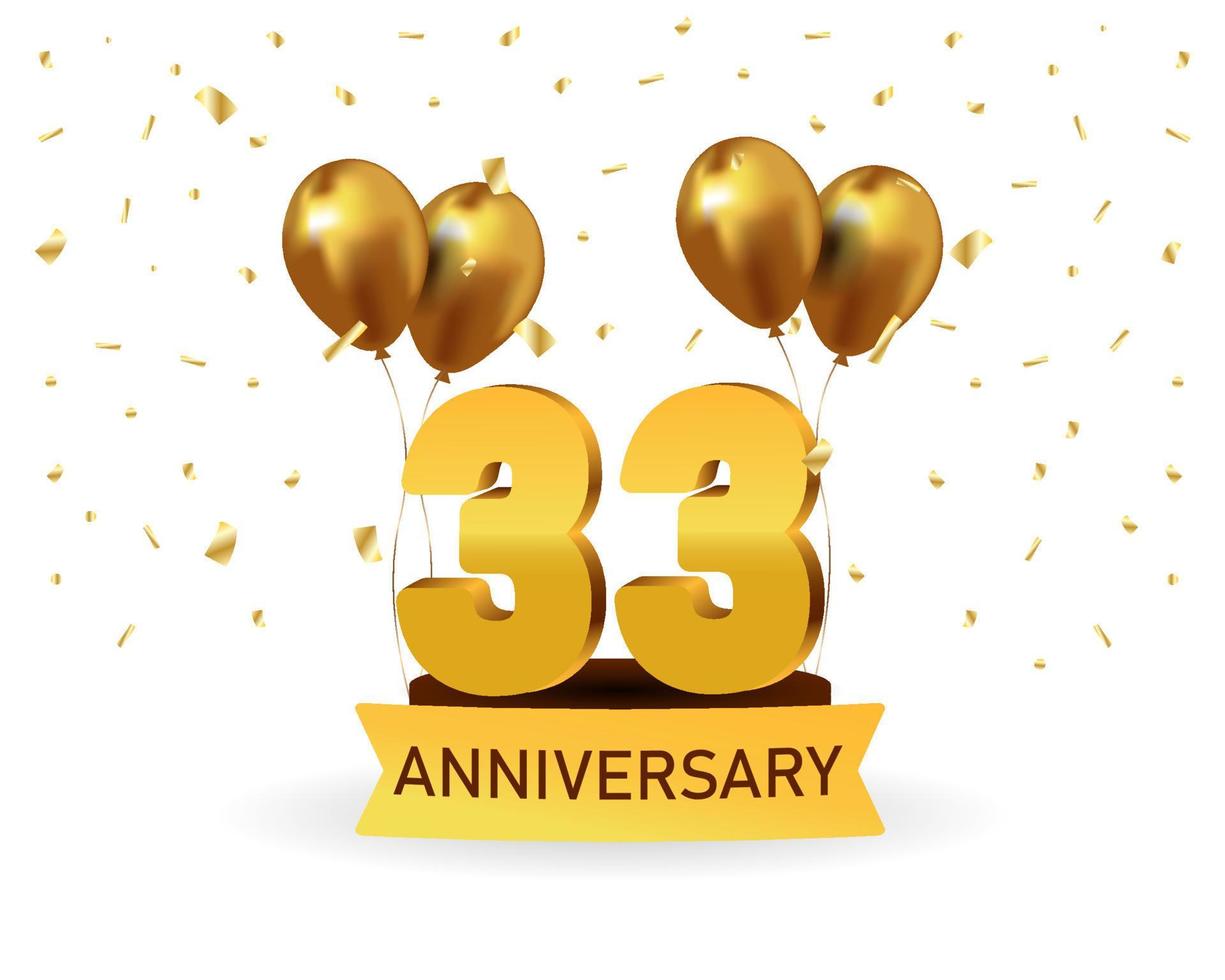 33 números de aniversário de ouro com confete dourado. modelo de festa de evento de aniversário de celebração. vetor