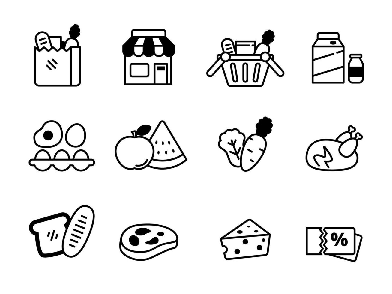 conjunto de ícones de mercearia com cor preta isolada no fundo branco vetor