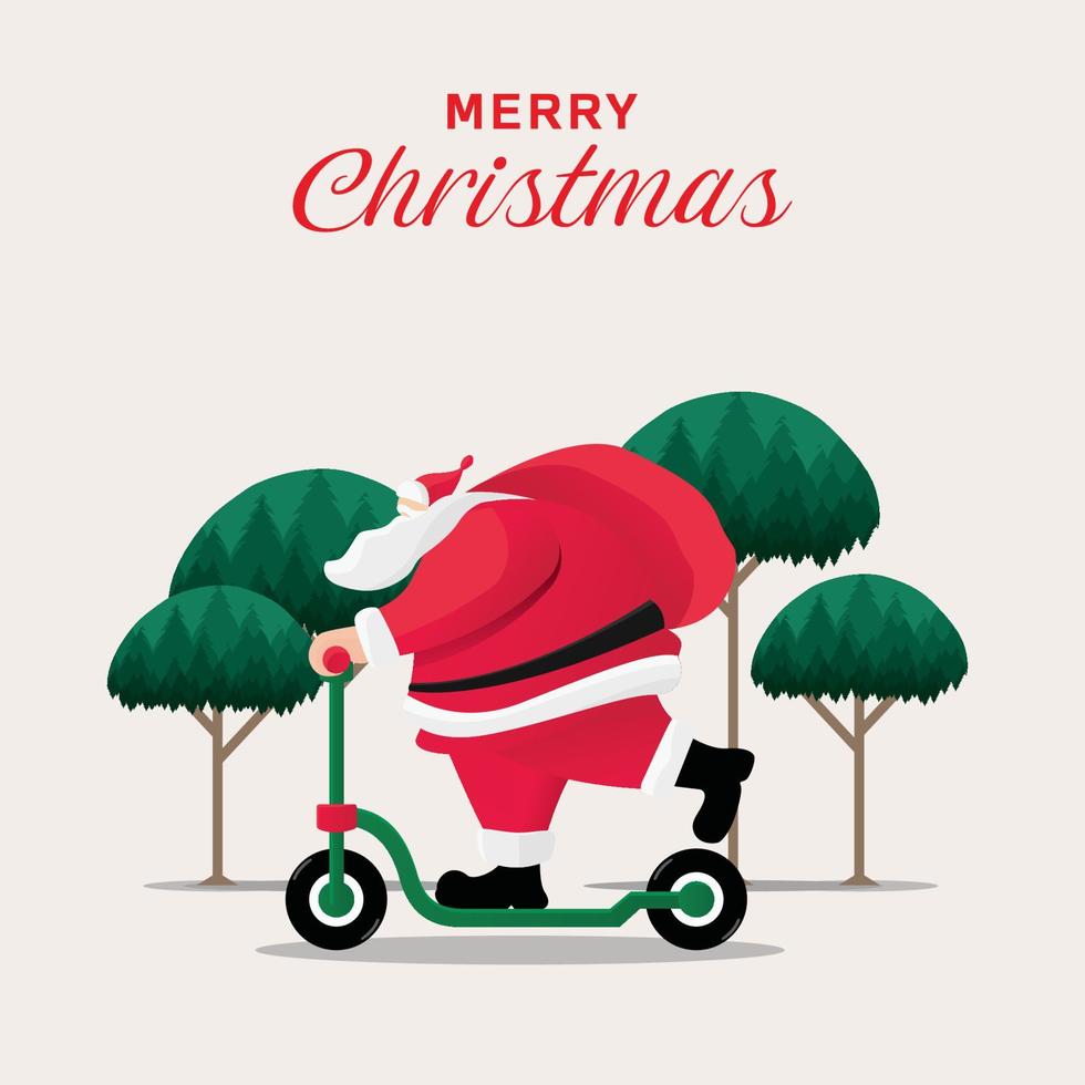 um homem vestindo uma fantasia de papai noel anda de scooter para entregar pacotes no parque. vetor