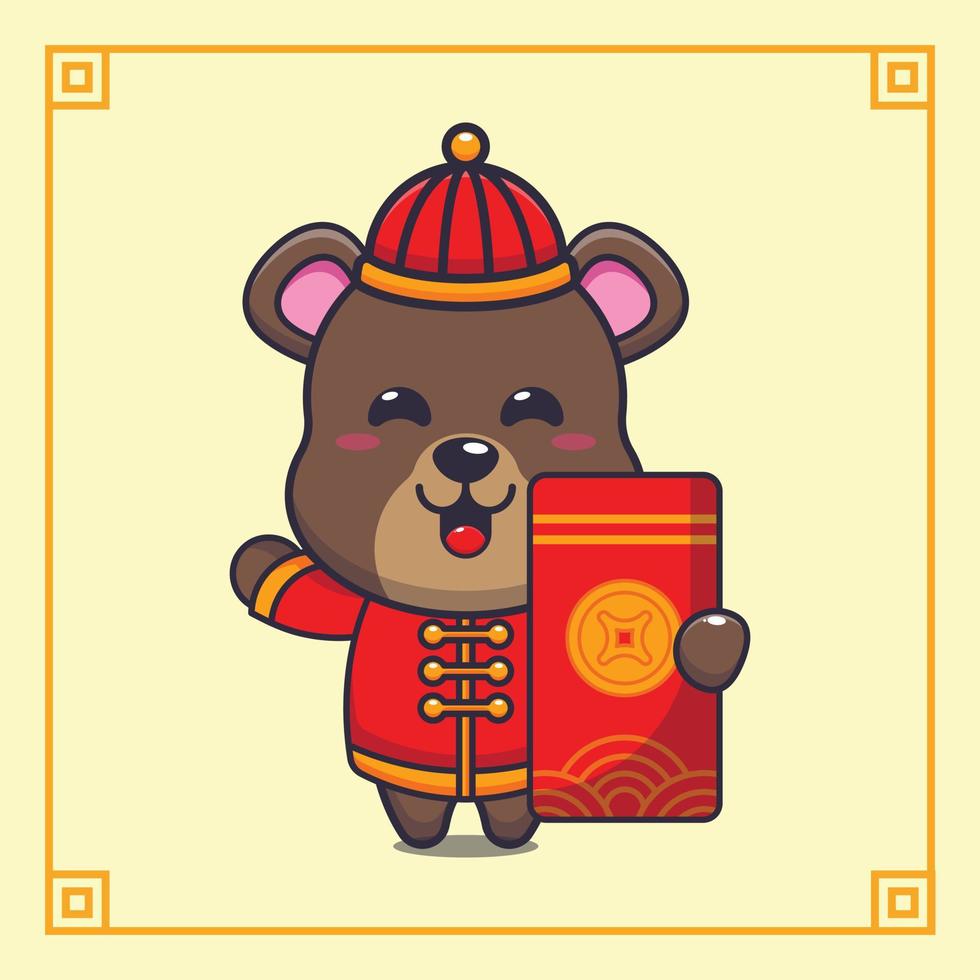 urso fofo com grande envelope vermelho no ano novo chinês. ilustração de desenho vetorial adequada para pôster, folheto, web, mascote, adesivo, logotipo e ícone. vetor
