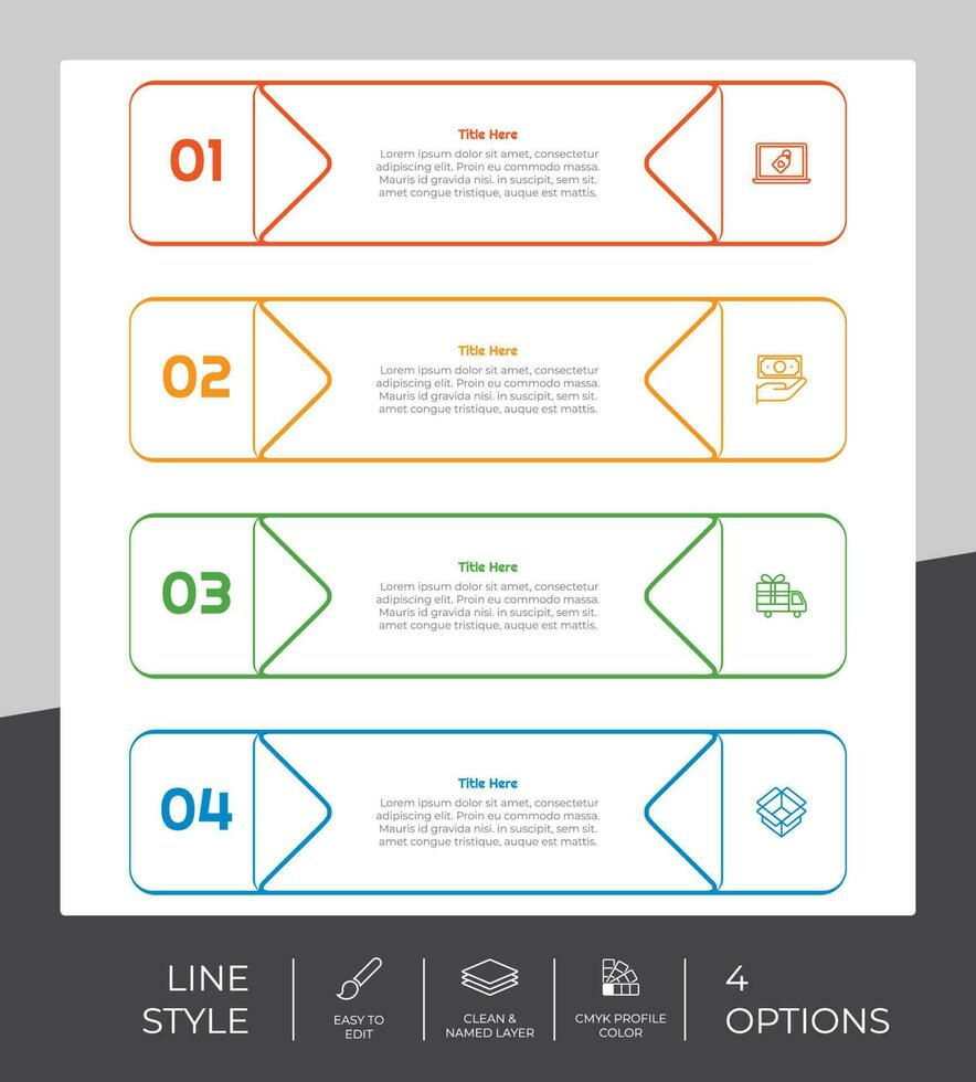 design de vetor infográfico de fluxo de trabalho com 4 etapas e design de linha. passo infográfico pode ser usado para apresentação, relatório anual, finalidade comercial.