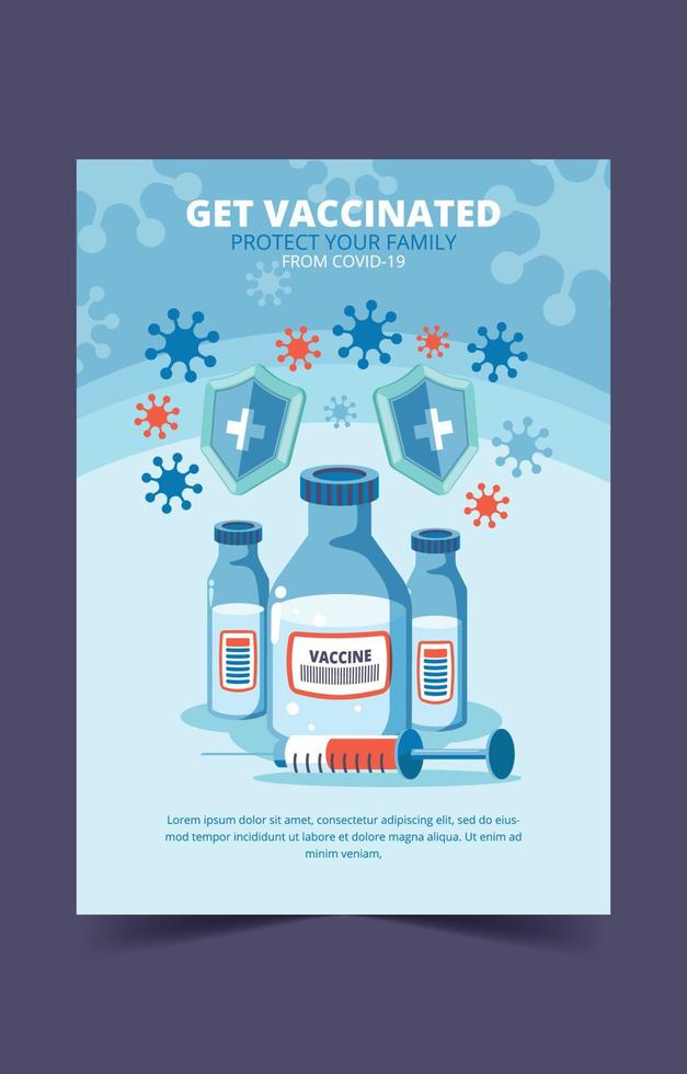 cartaz de vacina covid-19 com escudo, frasco de remédio e seringa vetor