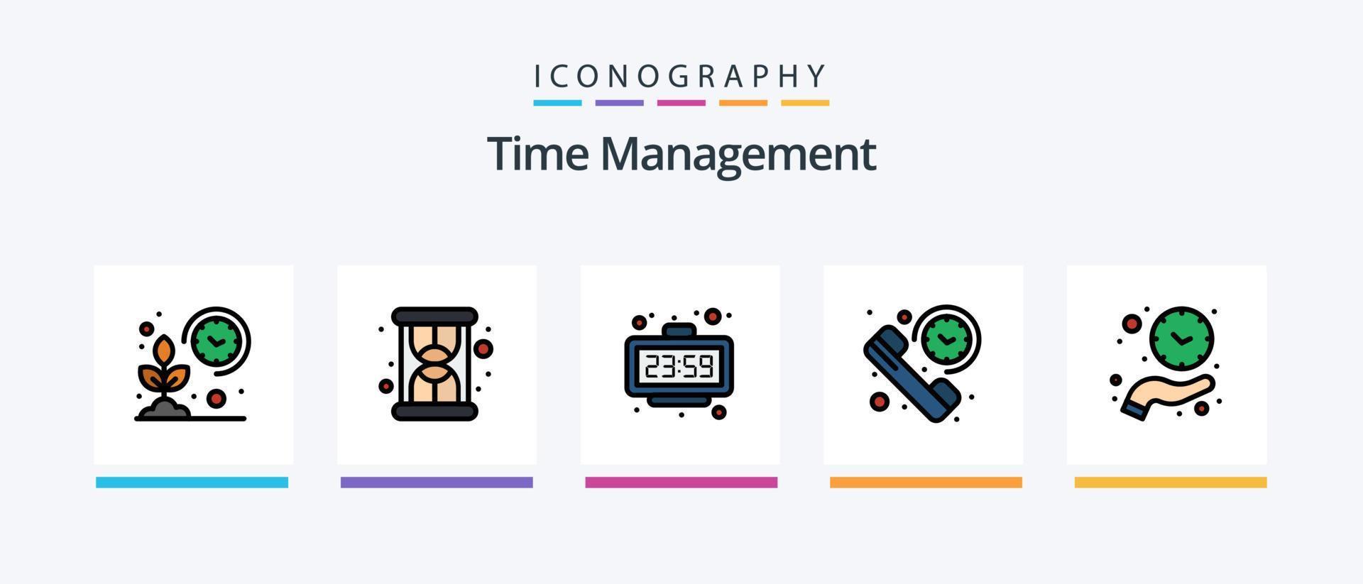 linha de gerenciamento de tempo cheia de 5 ícones, incluindo dieta. Tempo. alarme. Ame. relógio. design de ícones criativos vetor