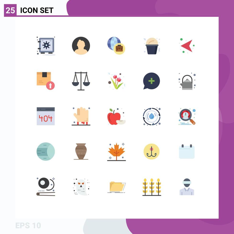 conjunto de cores planas de interface móvel de 25 pictogramas de caixa à esquerda setas de rede de negócios internacionais elementos de design de vetores editáveis