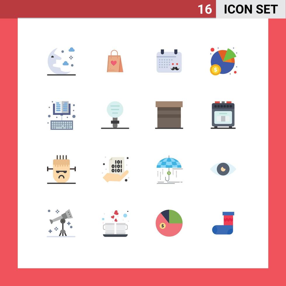 conjunto de pictogramas de 16 cores planas simples do gráfico de estatísticas do calendário on-line do e-book pacote editável de elementos de design de vetores criativos