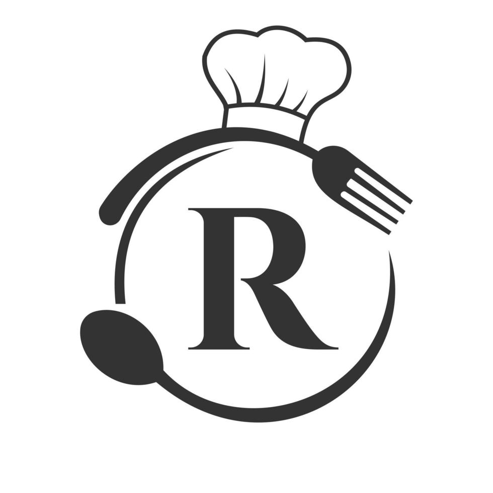 logotipo do restaurante no conceito de letra r com chapéu de chef, colher e garfo para o logotipo do restaurante vetor