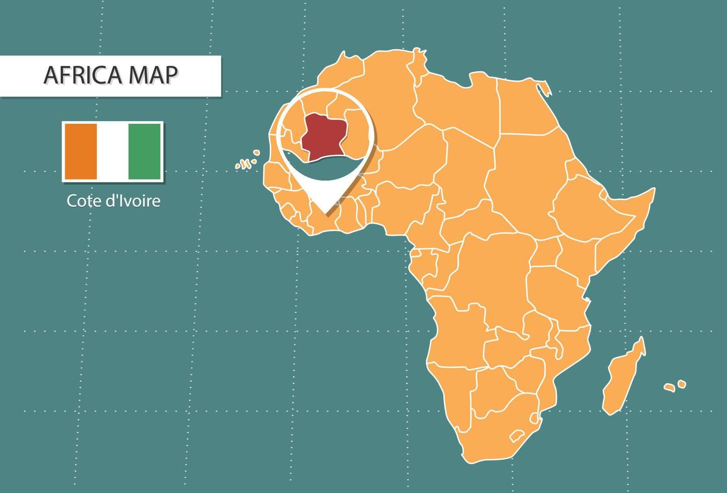 mapa da costa do marfim na versão de zoom da áfrica, ícones mostrando a localização da costa do marfim e bandeiras. vetor