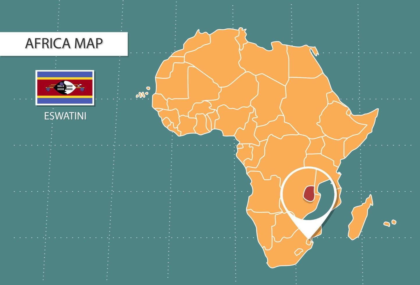 mapa de eswatini na versão de zoom da África, ícones mostrando a localização e as bandeiras de eswatini. vetor