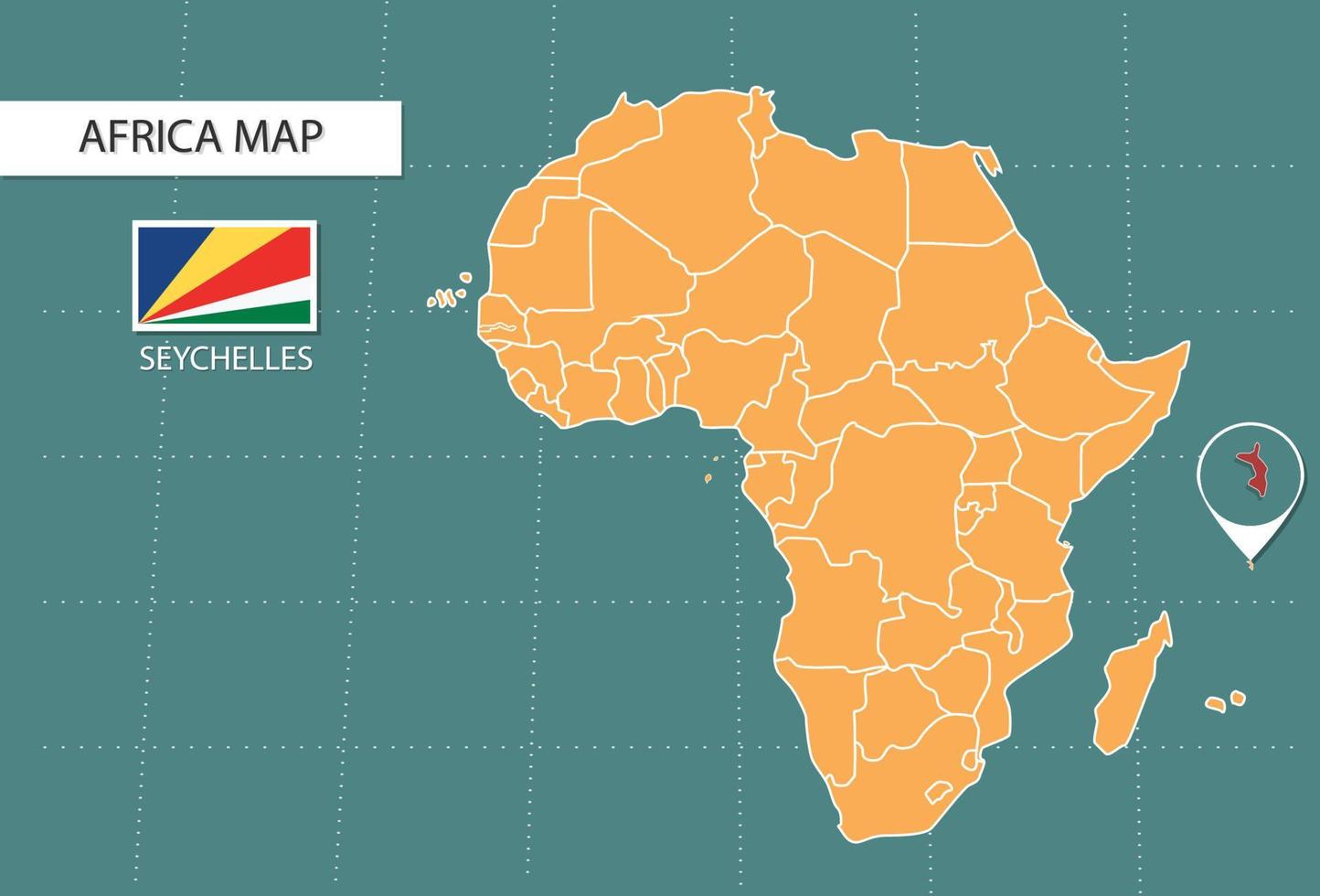 mapa das seychelles na versão zoom da áfrica, ícones mostrando a localização e as bandeiras das seychelles. vetor