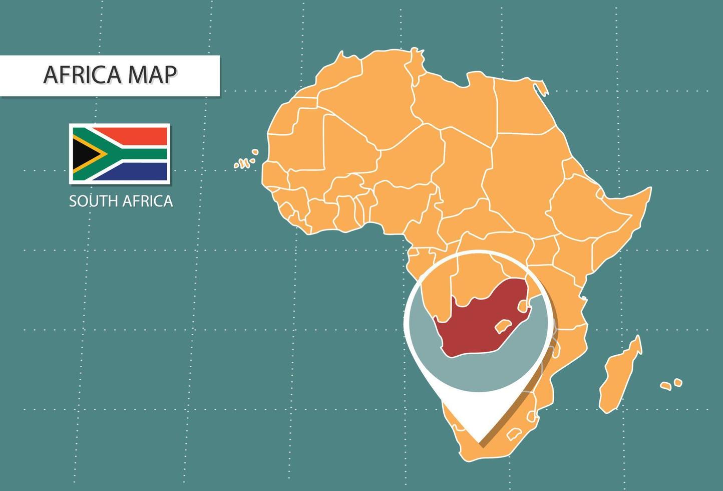 mapa da áfrica do sul na versão de zoom da áfrica, ícones mostrando a localização da áfrica do sul e bandeiras. vetor