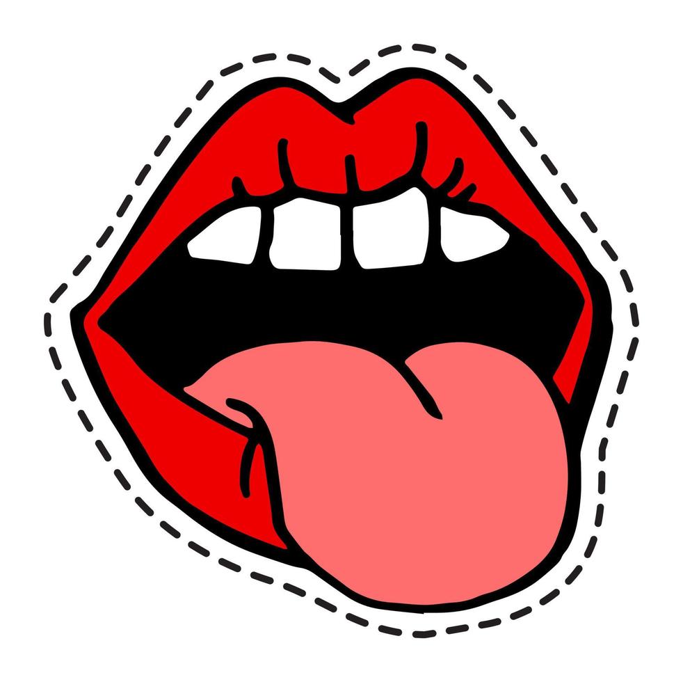 lábios e língua vermelhos para fora, adesivo ou ícone vetor
