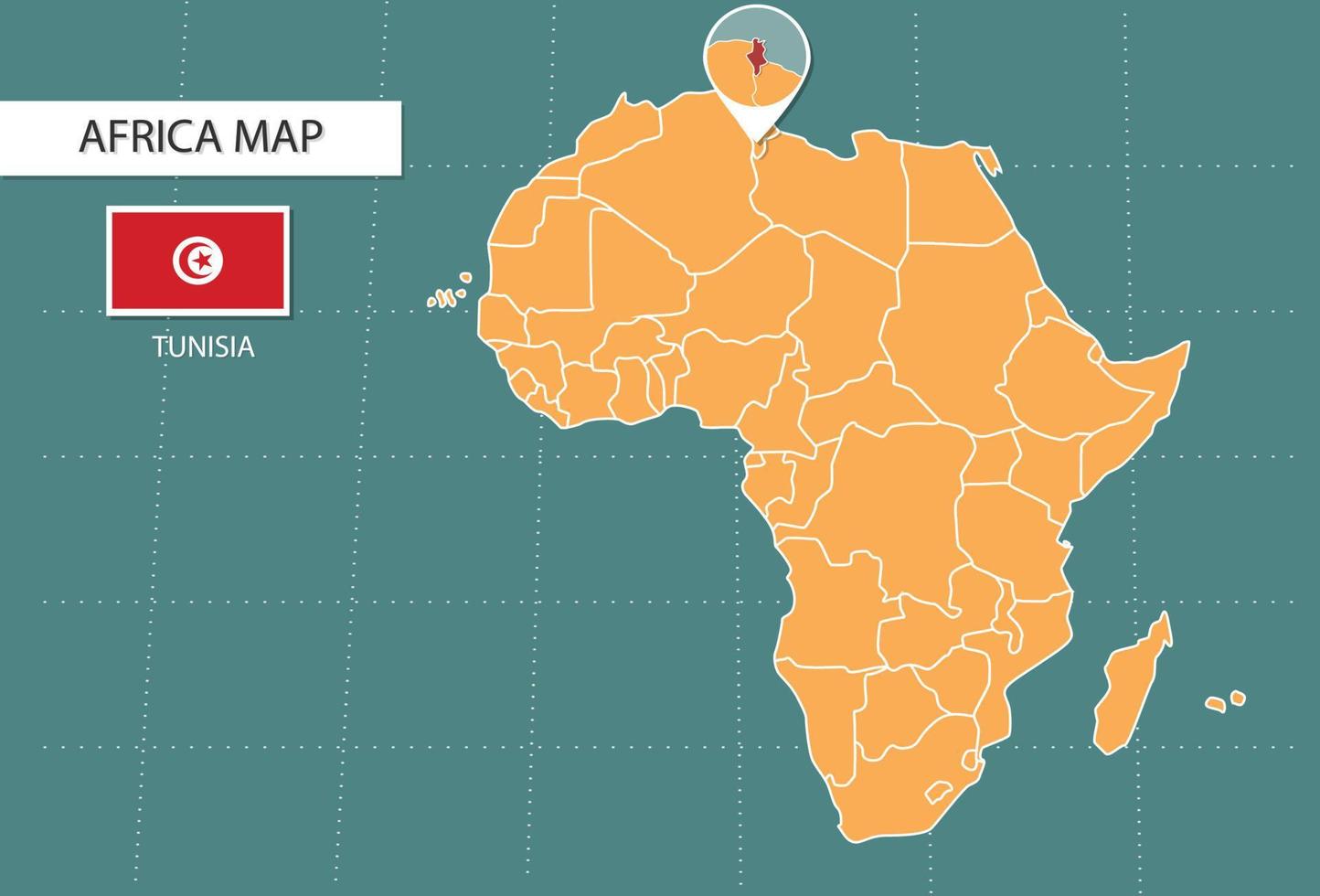 Mapa da Tunísia na versão de zoom da África, ícones mostrando a localização da Tunísia e bandeiras. vetor