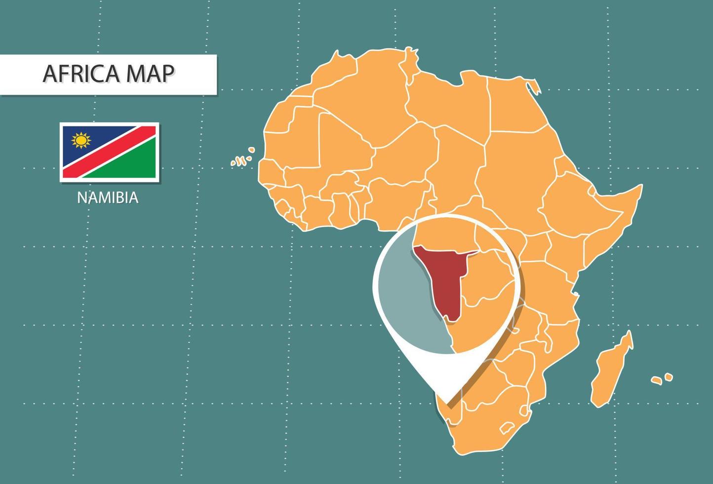 mapa da namíbia na versão de zoom da áfrica, ícones mostrando a localização da namíbia e bandeiras. vetor