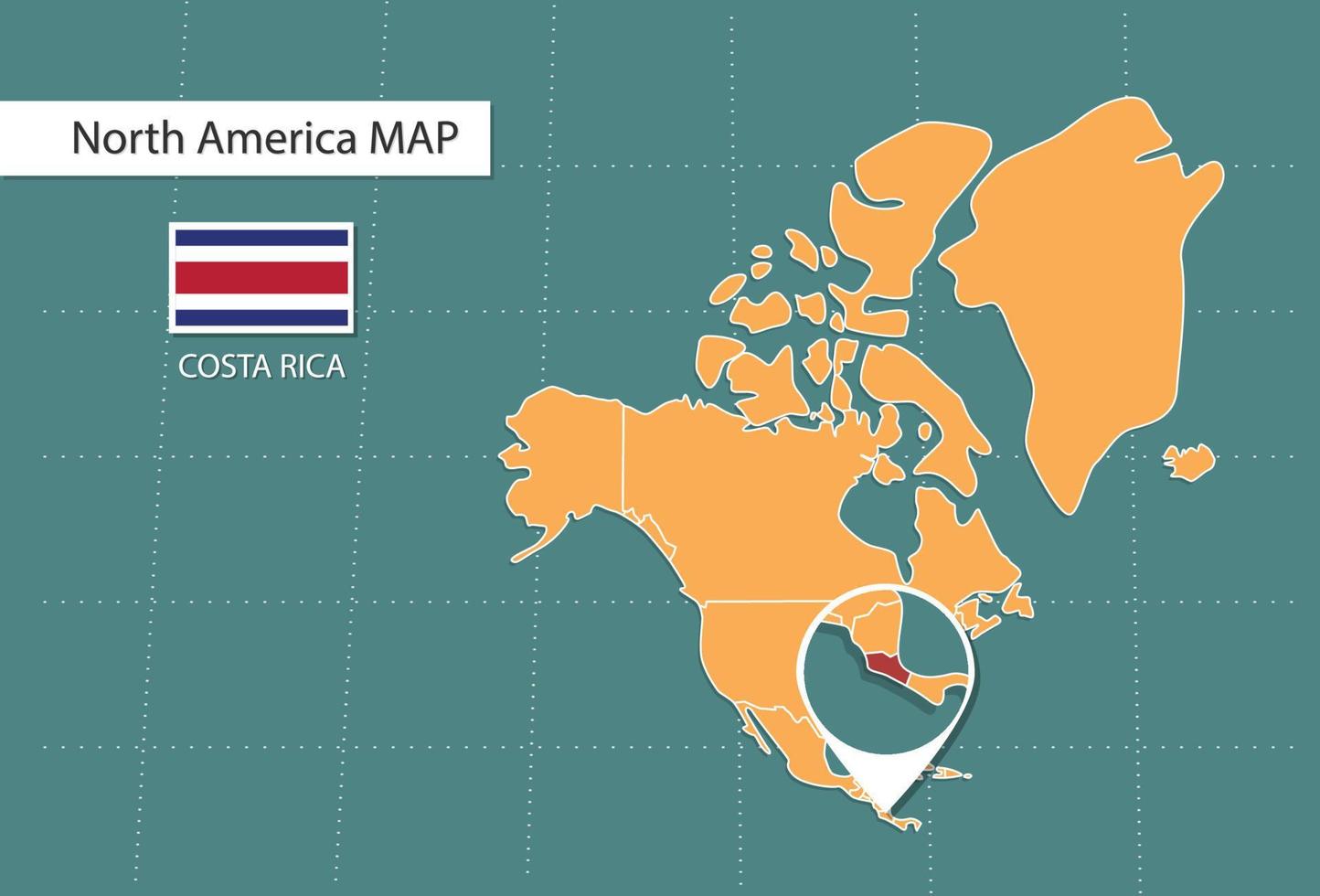 mapa da costa rica na versão de zoom da américa, ícones mostrando a localização da costa rica e bandeiras. vetor