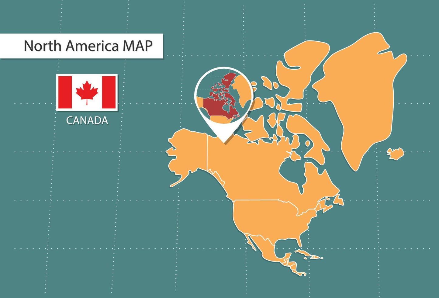 mapa do canadá na versão de zoom da américa, ícones mostrando a localização do canadá e bandeiras. vetor