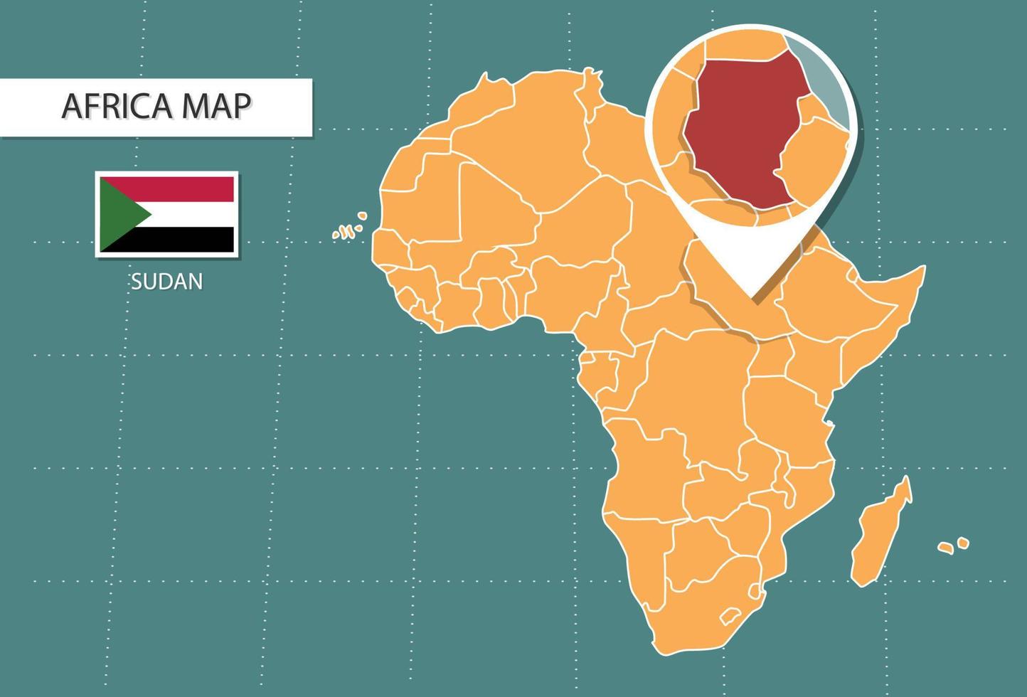 mapa do sudão na versão de zoom da áfrica, ícones mostrando a localização do sudão e bandeiras. vetor