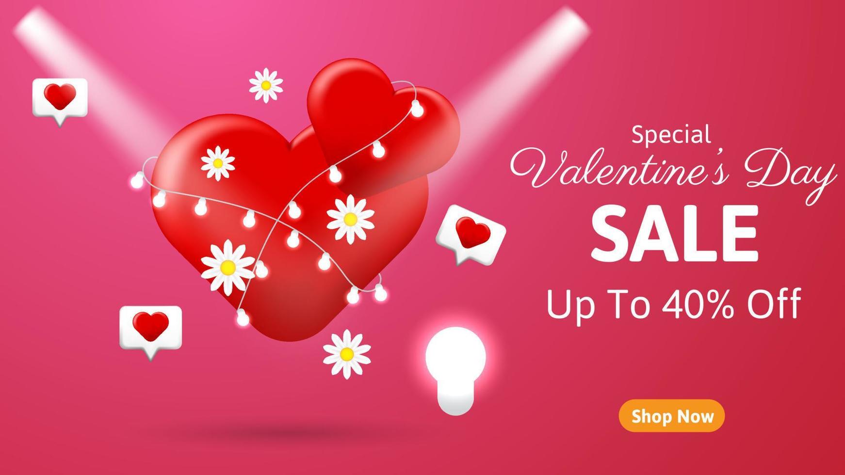 fundo de banner de venda de dia dos namorados com coração vermelho, lâmpada e flores. ilustração vetorial sazonal de negócios vetor