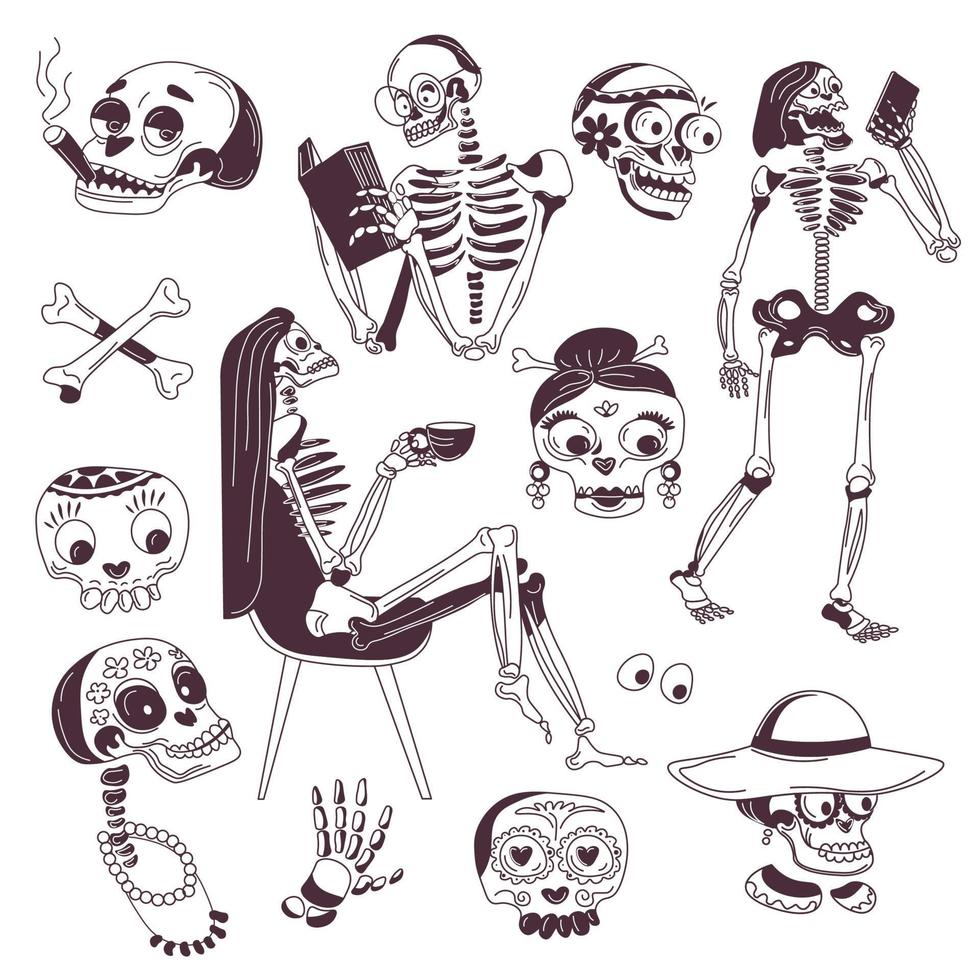 esboços de esqueleto, personagens homem e mulher vetor