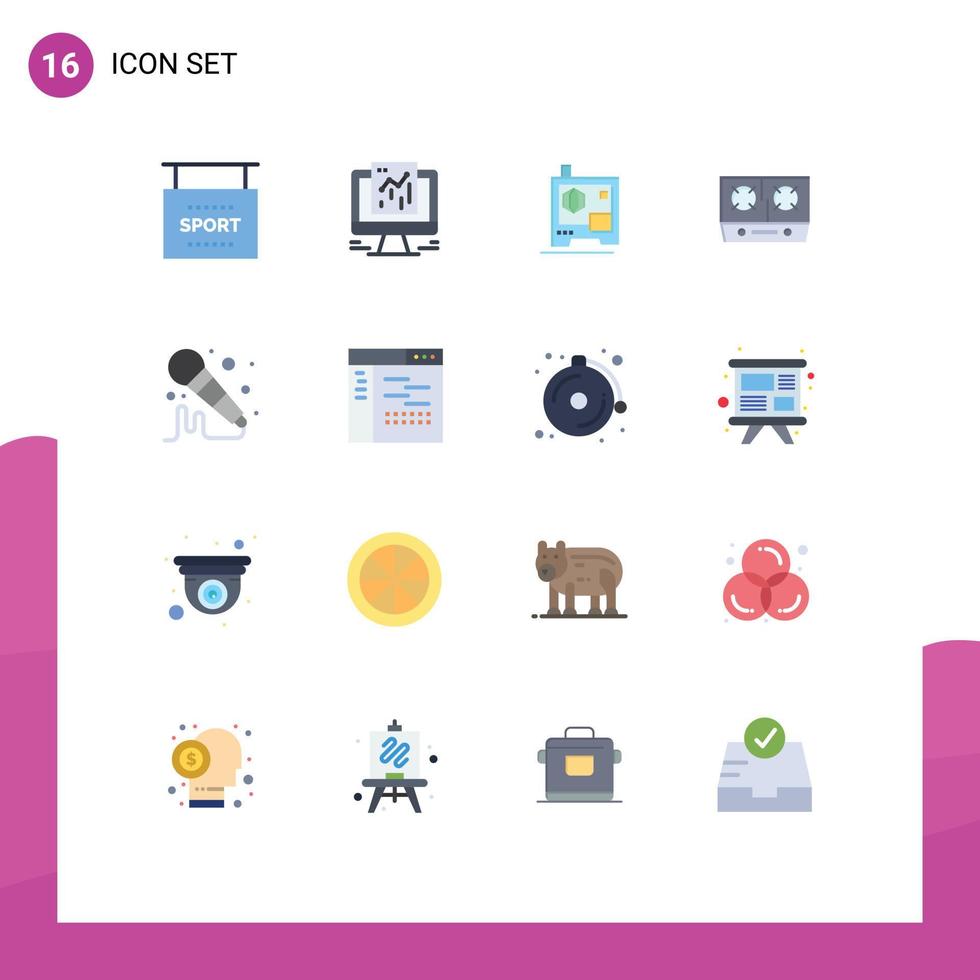 conjunto de cores planas de interface móvel de 16 pictogramas de impressora de microfone de som pacote editável de gás de cozinha de elementos de design de vetores criativos