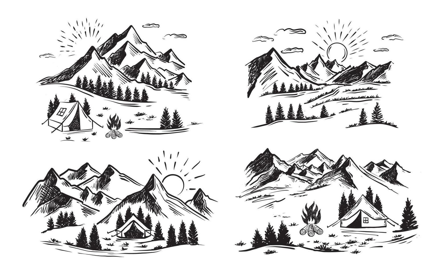 barraca de acampamento na floresta perto de montanhas, conjunto, ilustrações desenhadas à mão. vetor. vetor