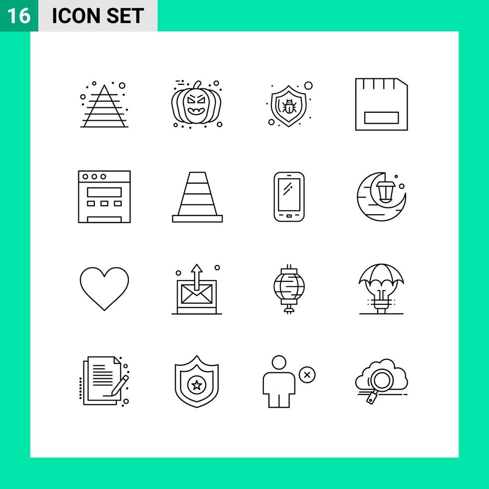 conjunto de 16 sinais de símbolos de ícones de interface do usuário modernos para dispositivos de antivírus de dispositivo de navegador, cartão de elementos de design de vetores editáveis