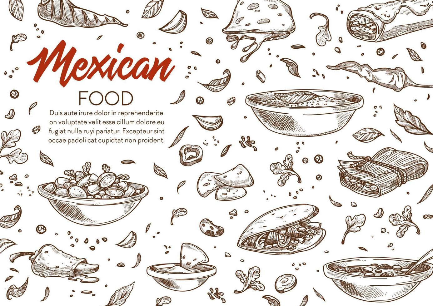 pratos de receitas de comida mexicana em anúncio de menu vetor