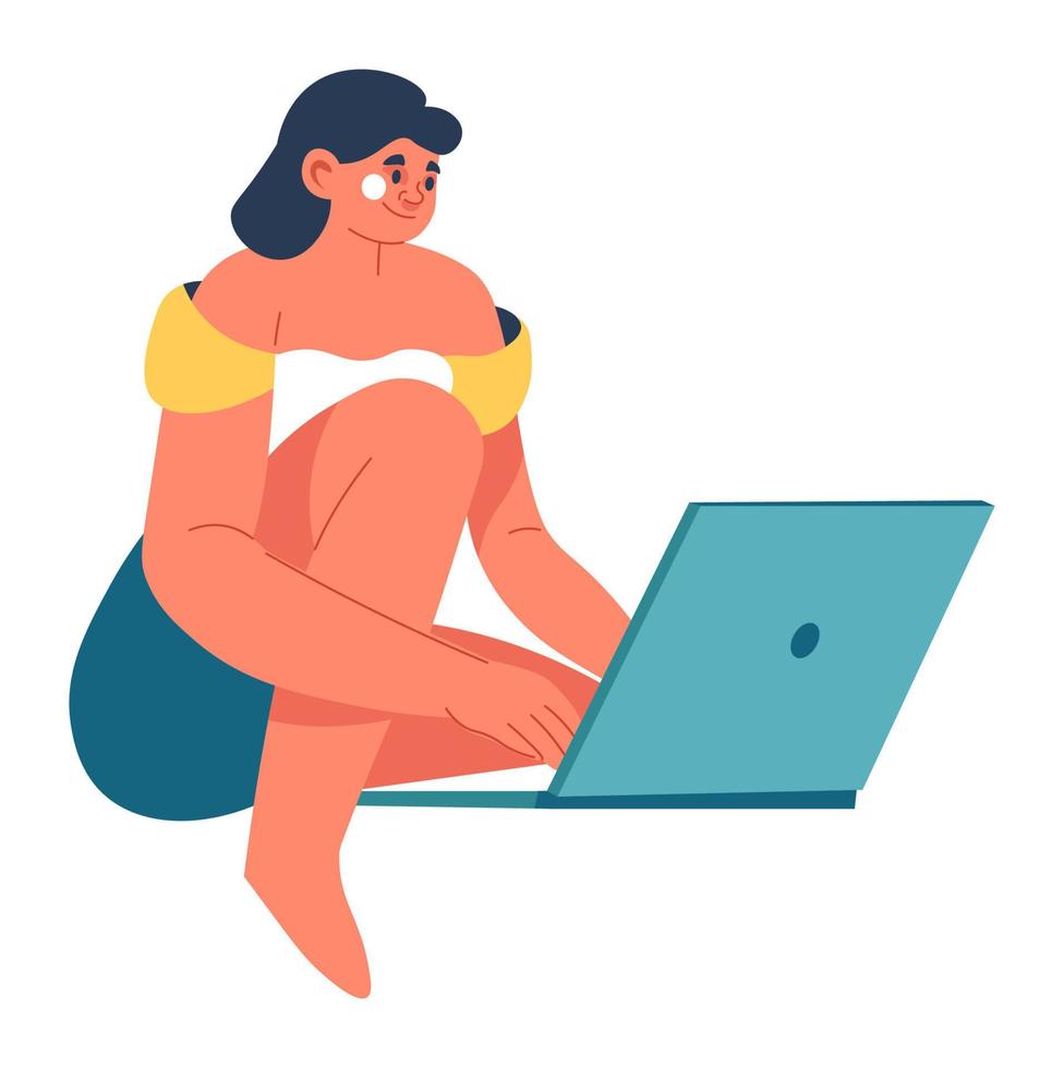 mulher com laptop trabalhando em projeto ou jogando vetor