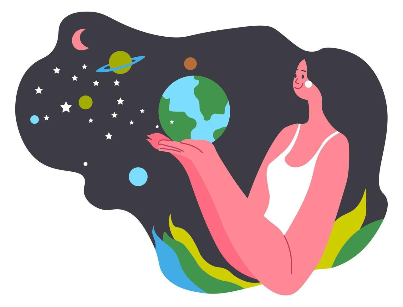 mulher com planeta e estrelas, personagem feminina vetor