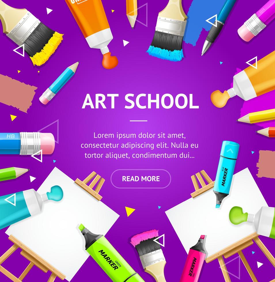 cartão de banner de conceito de escola de arte com elementos detalhados 3d realistas. vetor