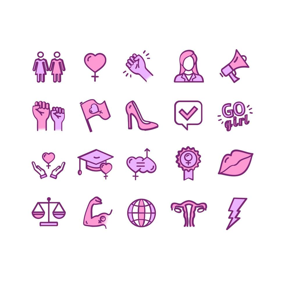 conjunto de ícones de linha fina de sinais de feminismo. vetor