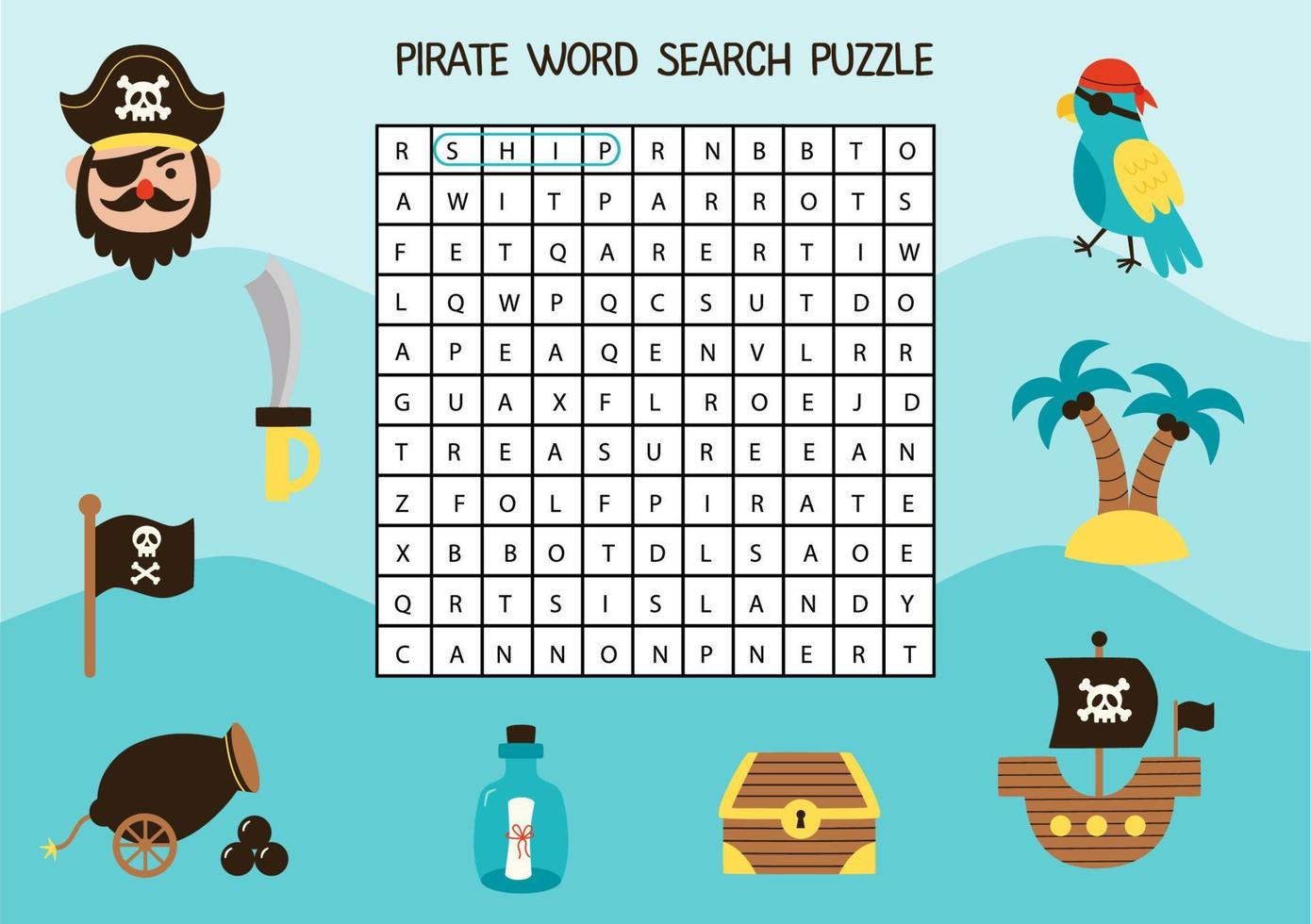 Jogo de ortografia para crianças pré-escolares papagaio pirata