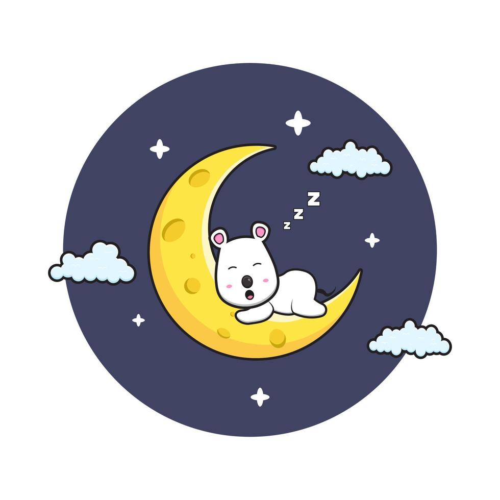 rato bonito dorme na ilustração do ícone do vetor dos desenhos animados da lua do queijo