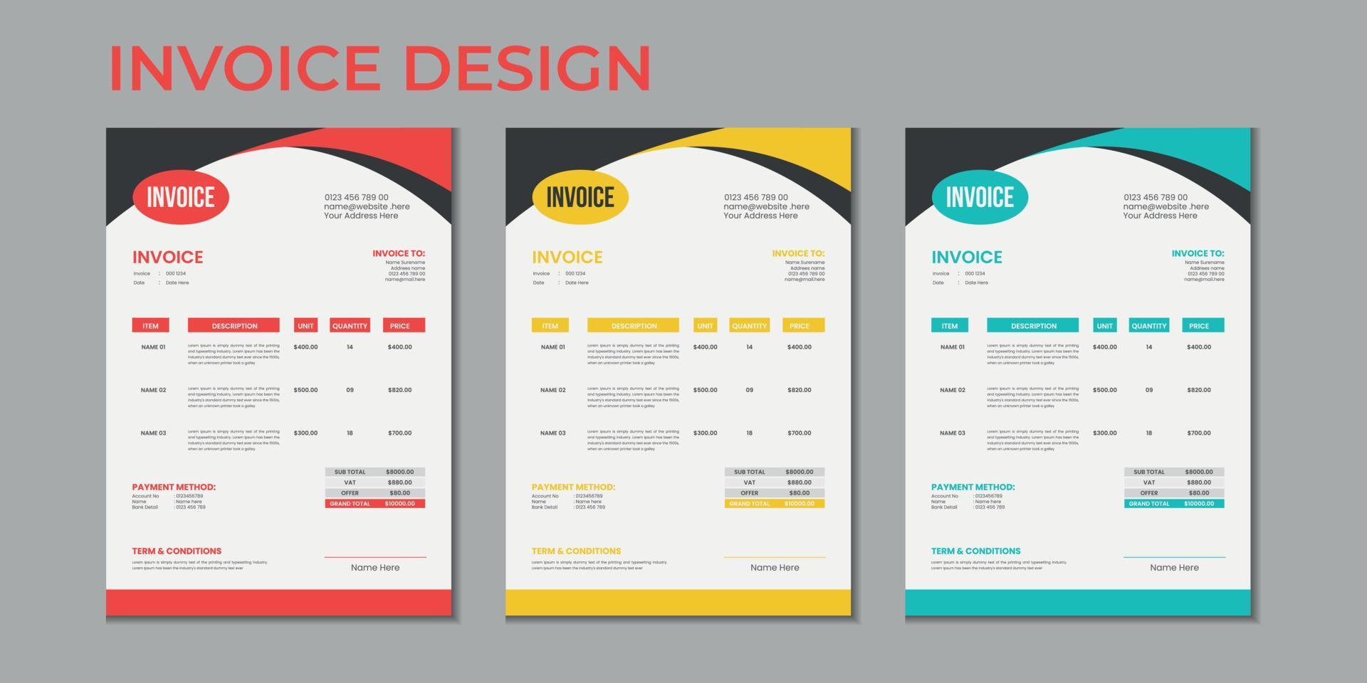 modelo de design de fatura de vetor de tamanho a4 de variação múltipla de cores de negócios corporativos mínimos