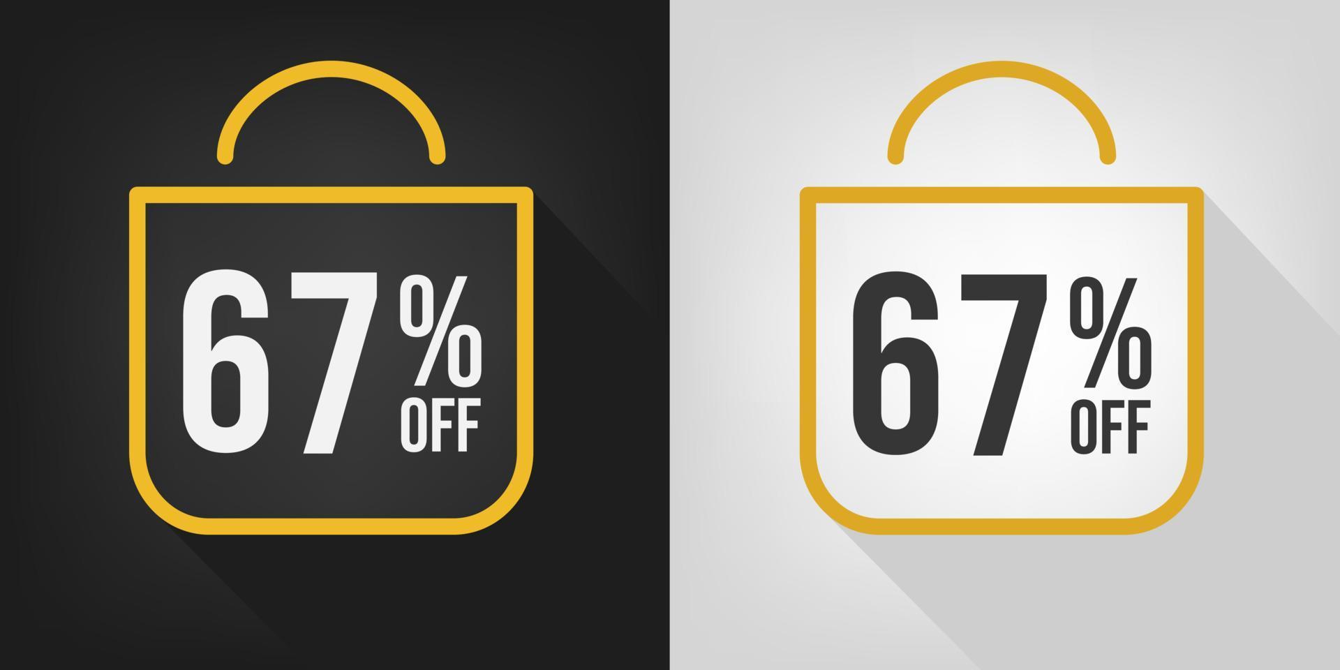 67% de desconto. faixa preta, branca e amarela com sessenta e sete por cento de desconto. vetor de conceito de sacola de compras.