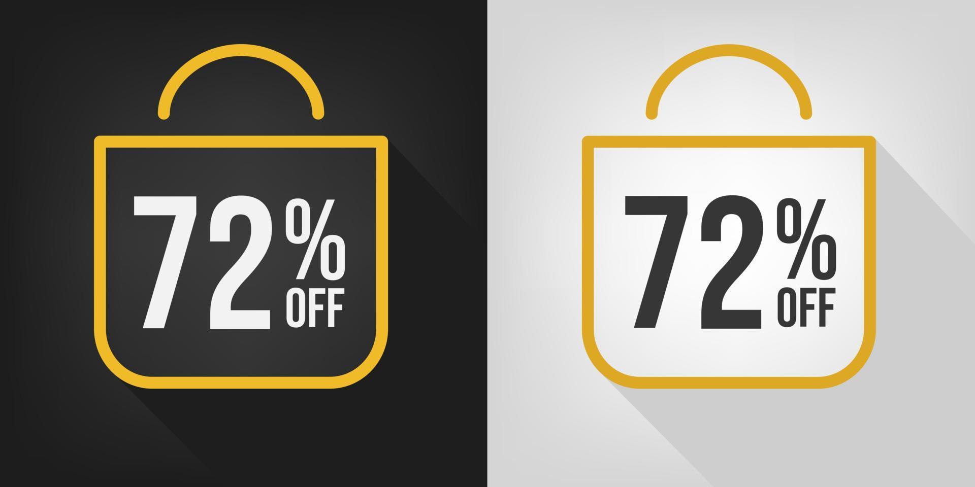 72% de desconto. faixa preta, branca e amarela com setenta e dois por cento de desconto. vetor de conceito de sacola de compras.