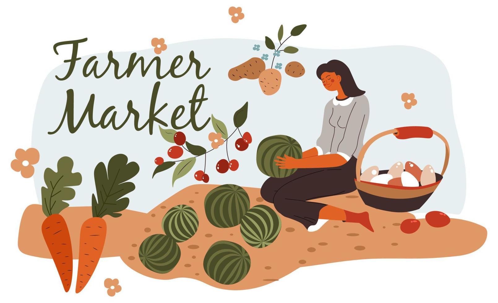 mercado de fazendeiros, mulher cultivando legumes frescos vetor