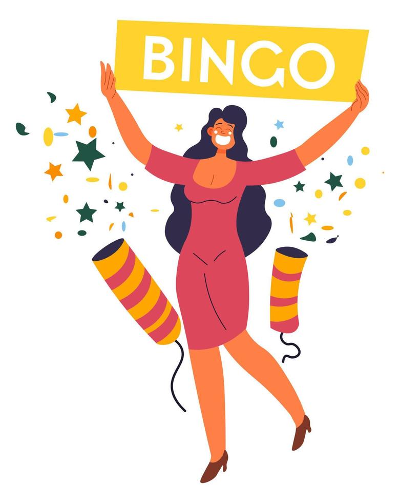 mulher com sinal de bingo, parabéns por ganhar na loteria vetor