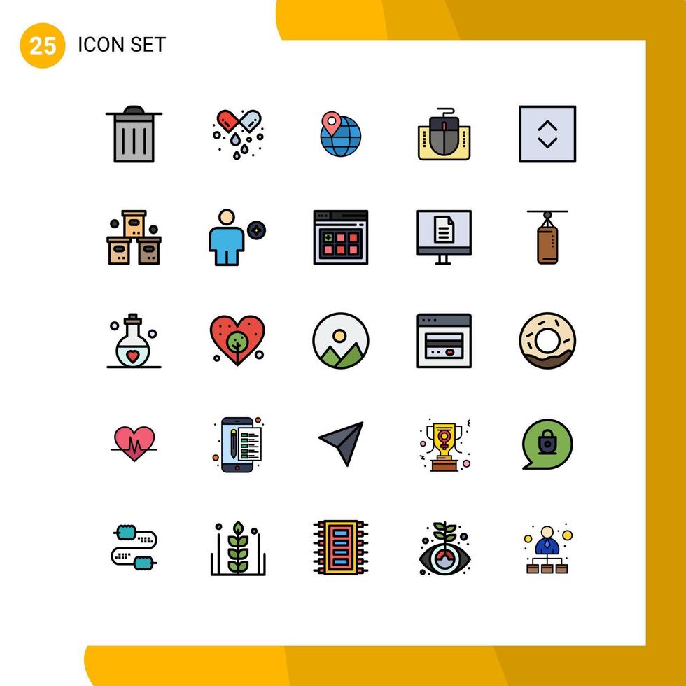 pacote de cores planas de linha preenchida de 25 símbolos universais de setas quadradas mapa de interface de computador elementos de design de vetores editáveis