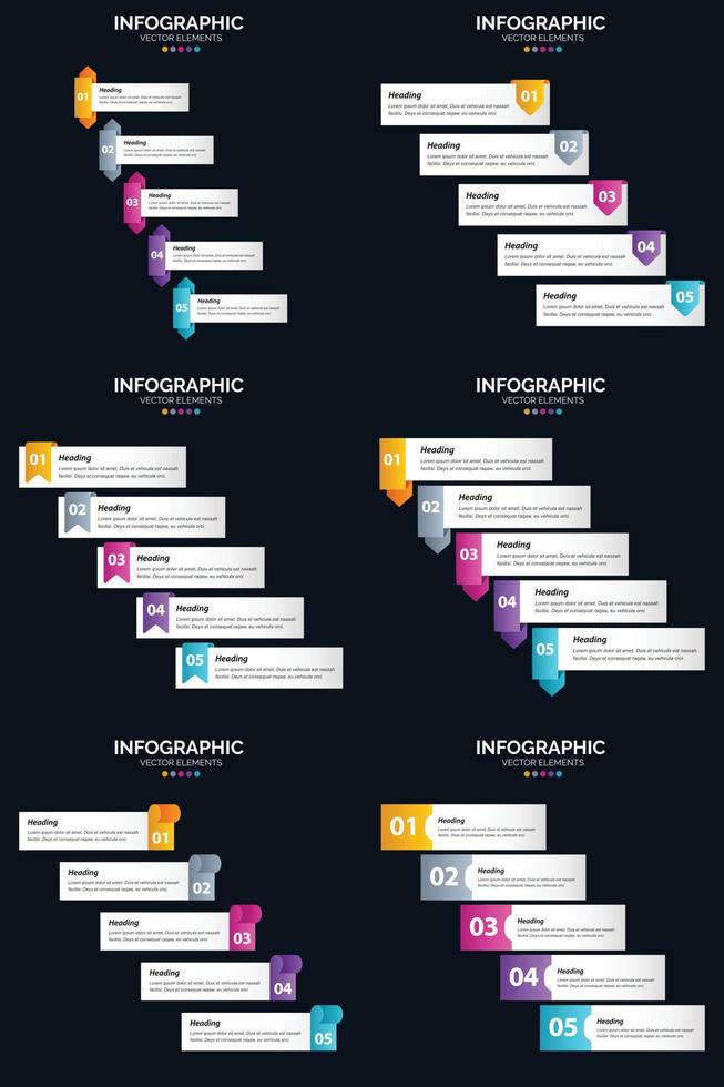 modelo de slide de apresentação de pacote de infográficos vetor 6 diagramas de ciclo de 5 etapas e linhas do tempo