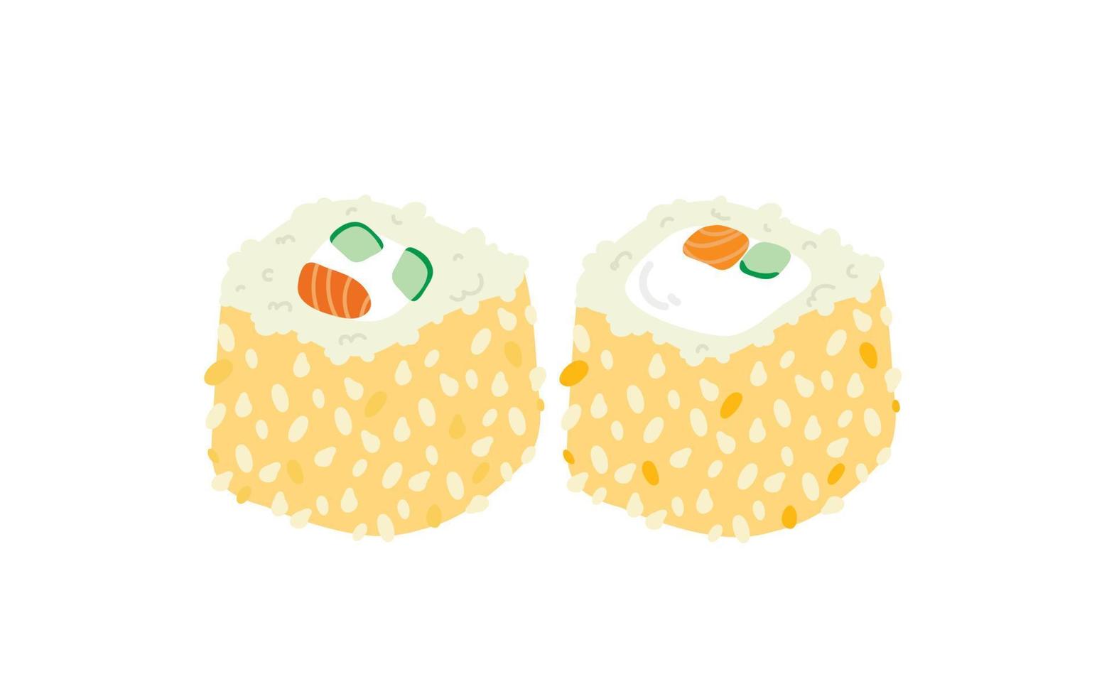 rolo de sushi com gergelim, comida japonesa. ícone de estilo de desenho animado de rolo de sushi. sushi isolado no fundo branco. sushi de desenho vetorial. estilo de desenho à mão sushi rolls.sian food vetor