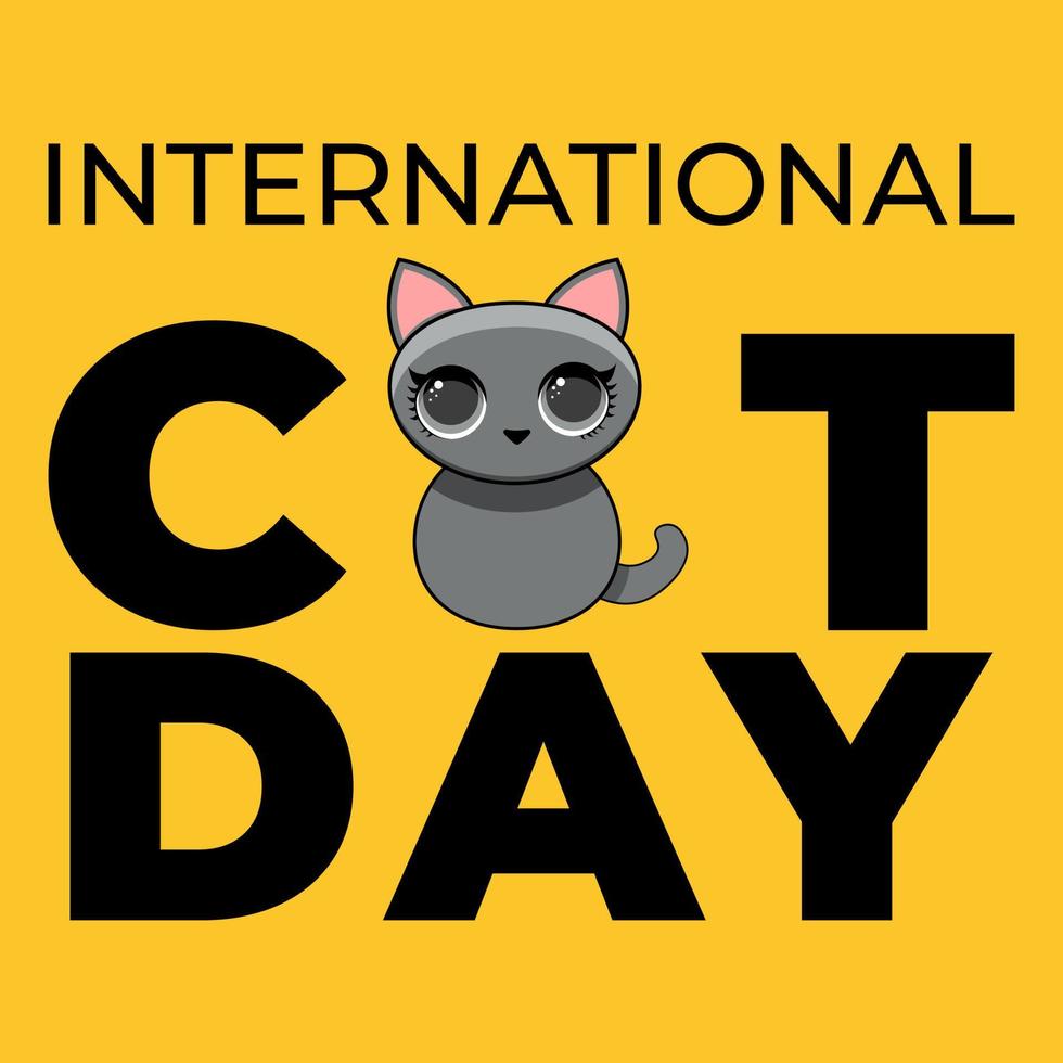conceito de dia mundial do gato. ilustração em vetor de um gato preto engraçado. fundo de cor amarelo pastel. banner, para a web, redes sociais.